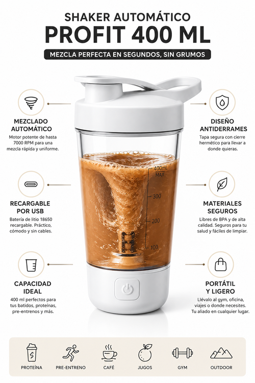 Shaker Automático ProFit 400 ml para Proteína, Pre-Entreno y Bebidas Fitness